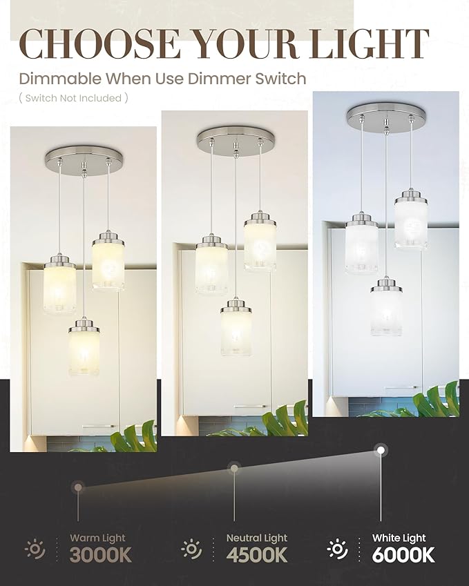 TENGXIN 3-Lights Modern Pendant Light with Glass Shade Brushed Nickel Pendant Lighting Adjustable Industrial Retro Style Hanging Light Fixture for Kitchen, Farmhouse