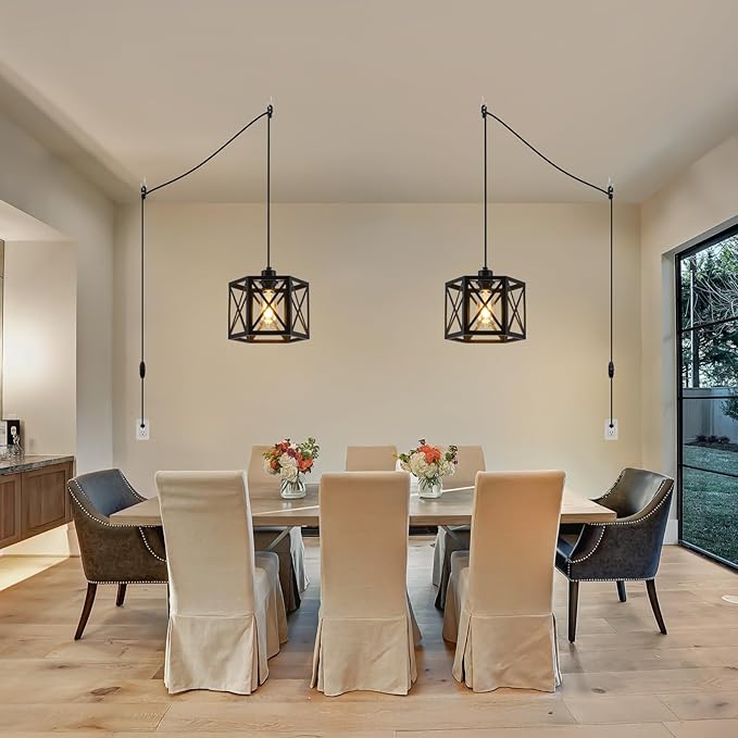 2 Pack Plug in Pendant Light, Farmhouse Black Hanging Lights with Plug in Cord, 16.4FT Hexagonal Metal Plug in Hanging Lamp Kit, Dimmable Ceiling Light Fixture for Kitchen Island Hallway