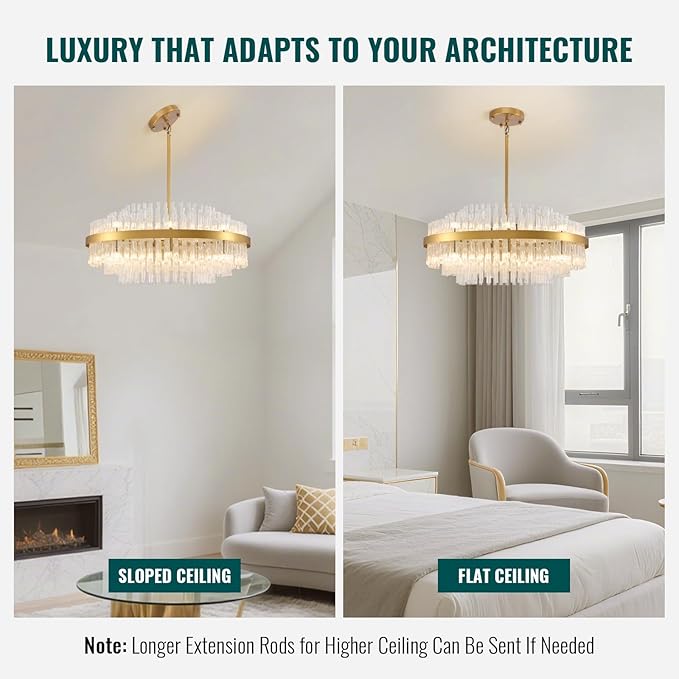 Siljoy 31.5 Inch Gold Round Chandelier, Modern Gold Crystal Chandelier with Raindrop Wave Glass Rods, Luxury 3-Way Dimmable LED Pendant Light Fixture for Living Dining Room Kitchen Island, G9 x 16