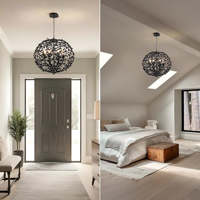 Black Industrial Branch Pendant Lights, 6-Light Modern Farmhouse Pendant Lighting , High Ceiling Hanging 21.7" Spherical Cage Pendant light Fixture for Living Room, Dining Room, Foyer, Bedroom