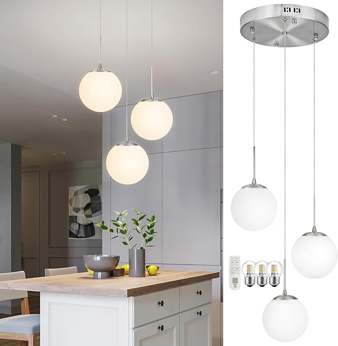 KoKo&Yukina Globe Pendant Light 3 Light Nickel Globe Pendant Lights Kitchen Island Mid Century Light Fixture with Milky White Glass Shade for Dining Room Living Room