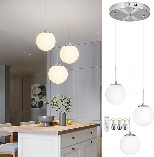 KoKo&Yukina Globe Pendant Light 3 Light Nickel Globe Pendant Lights Kitchen Island Mid Century Light Fixture with Milky White Glass Shade for Dining Room Living Room