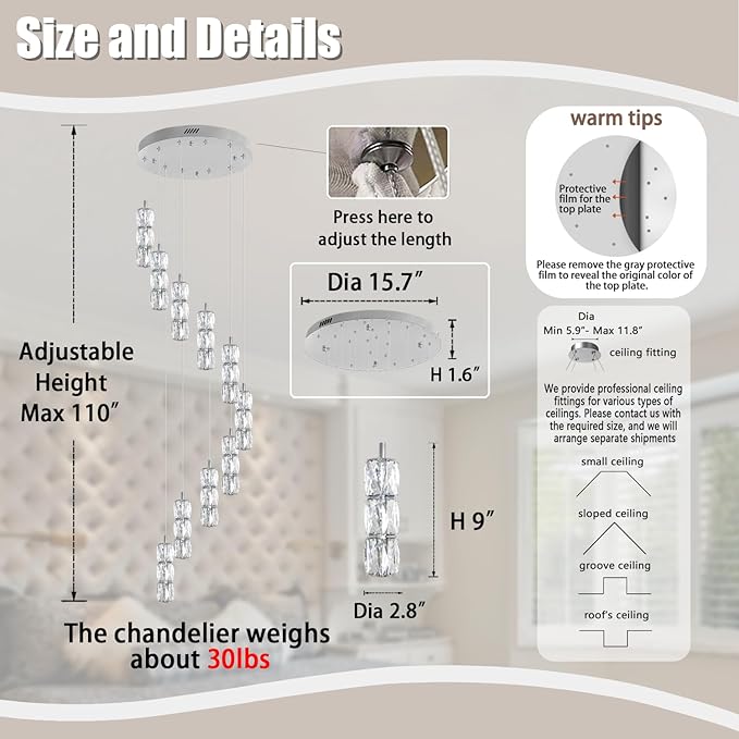 Long Staircase Crystal Pendant Chandeliers 10-Lights Silver Column Crystal Chandeliers Foyer Entrance High Ceiling Hanging Chandelier 2700-6000k Dimmable Fixtures LED Big Chandeliers