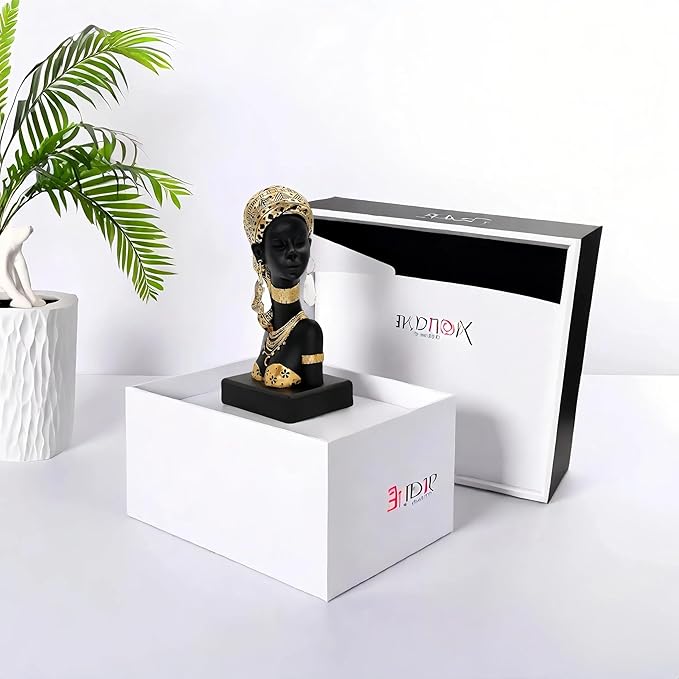 African Woman Resin Bust Sculpture with Crystal Earrings – Tribal Lady Figurine in Gold Headdress for Home Decor, Black and Gold Accent Statue for Shelf, Table, Office, Gift for Women