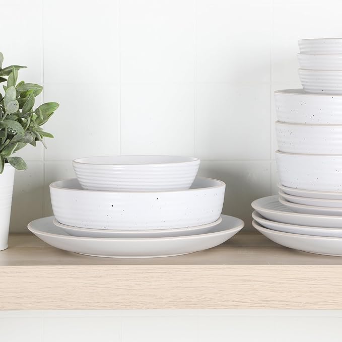Gibson Home Dinah 16 Piece Double Bowl Stoneware Embossed Speckled Dinnerware Set - Matte White