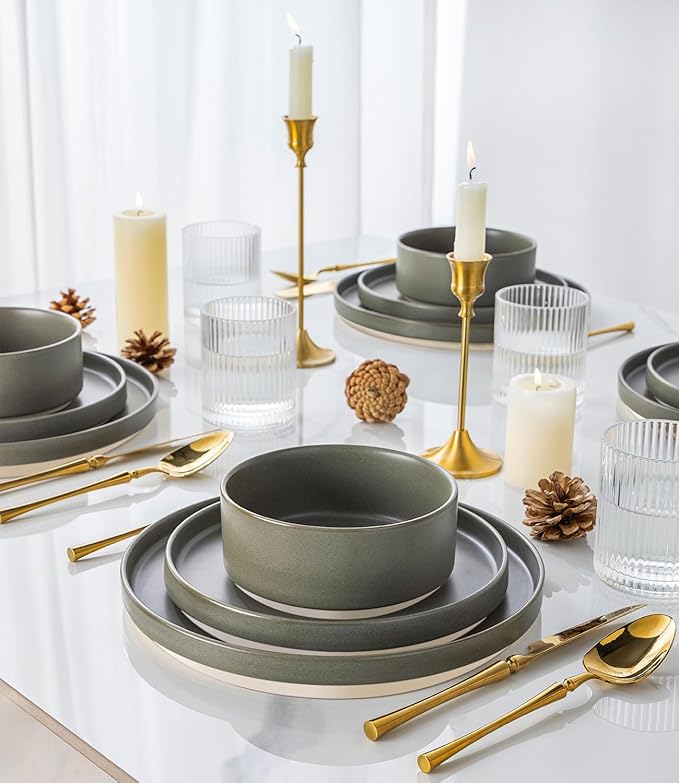 TheTerra Ceramic Dinnerware Sets for 4, 12 Pieces Handmade Reactive Glaze Plates and Bowls Set, Scratch Resistant Dish Set, Oven & Microwave & Dishwasher Safe, Matte Green