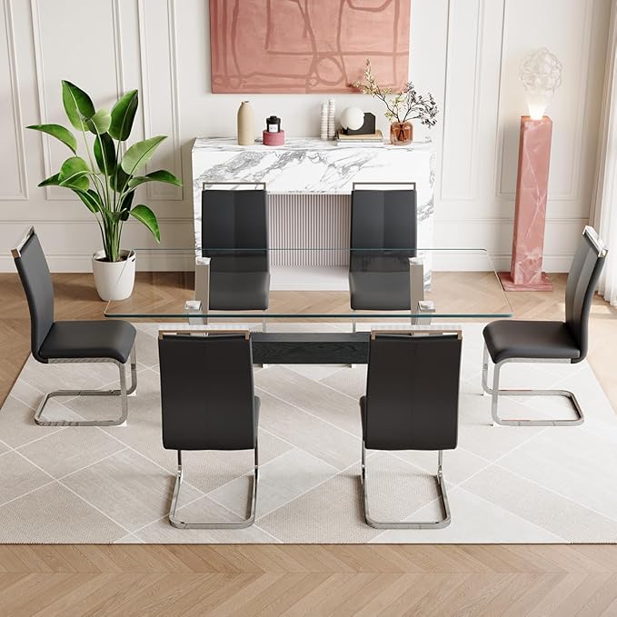 7 Piece Glass Dining Table Set, Kitchen Table Chairs Set for 6, 71'' Dining Table with 0.4" Tempered Glass Tabletop with Plated Metal Legs and MDF Crossbar, 6 PU Chairs for Dining Room, Kitchen.
