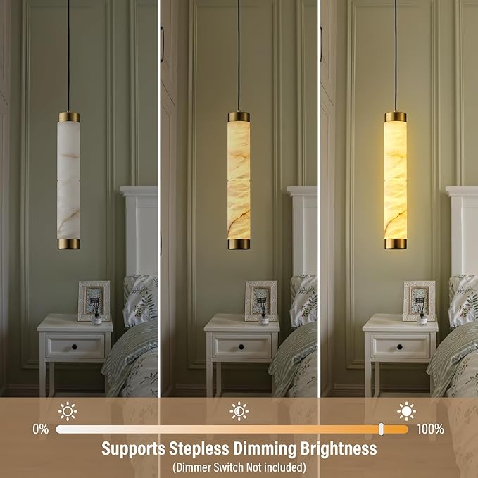 20" Alabaster Pendant Lights, 2PCS Natural Marble Cylinder Brass Pendant Light, Adjustable Modern Ceiling Light Fixtures for Kitchen Island, Dining Room, Bedroom, Living Room, Bathroom