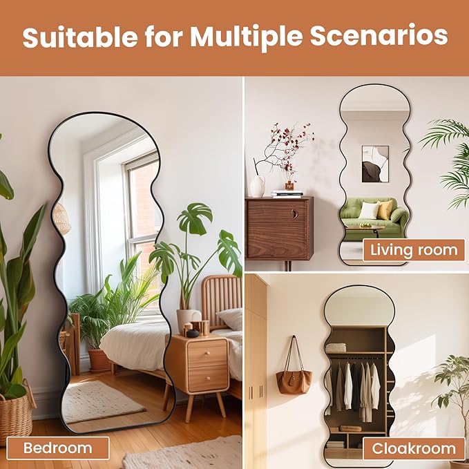 WTTY 71x28 Wavy Full Length Mirror with Stand for Bedroom, Living Room, Cloakroom, Shatterproof, Aluminum Frame