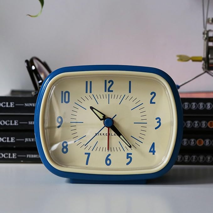 Kikkerland Retro Alarm Clock – Vintage Decor for Bedroom, Nightstand, Living Room, or Office – Battery Operated, Glow in The Dark, Decorative Analog Clock, Blue