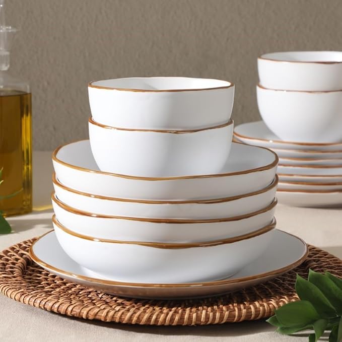 Gibson Home Hazeltine 16 Piece Plates and Bowls Dishes Stoneware Ceramic Dinnerware Set - White