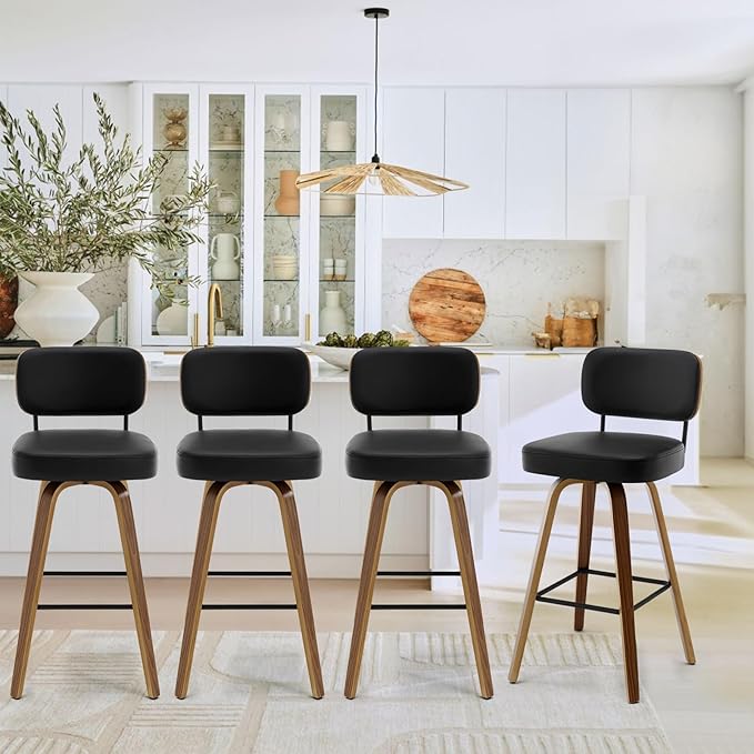 Swivel Bar Stools Set of 4, 29" Upholstered Faux Leather Barstools with Back and Bent Wood Legs, Mid Century Modern Bar Chair Island Stool for Kitchen Counter, Black