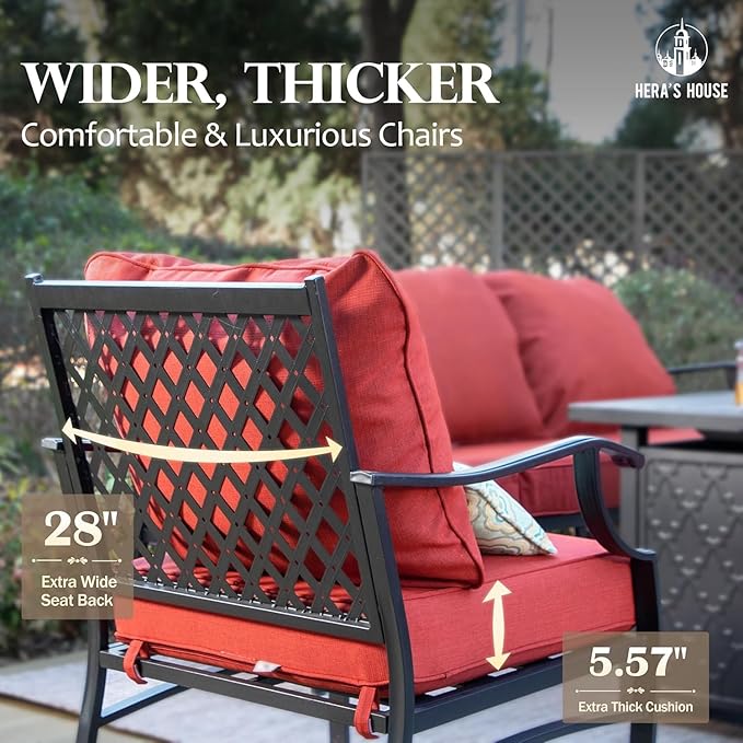 HERA'S HOUSE 6 Piece Patio Furniture Set, 4 x Fixed Metal Cushioned Chair, 1 x 3-Seat Sofa with Marbling Coffee Table, Outdoor Conversation Set for Lawn Garden Backyard, Red