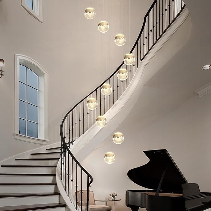 LED Staircase Chandelier Crystal Globe Pendant Light Gold Large Chandeliers for High Ceiling,10-Lights Hanging Flush Mount Lighting Fixtures for Foyer,Entryway,Living Room