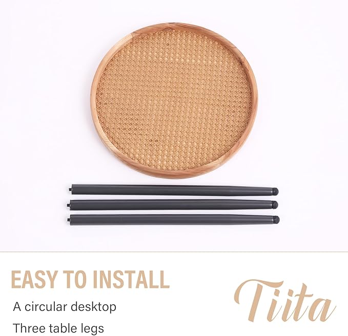 Tiita Rattan Round End Table Mental Side Table Nightstand/Small Wood Tables Accent Coffee Table with Wooden Tray for Living Room Bedroom Office Small Space