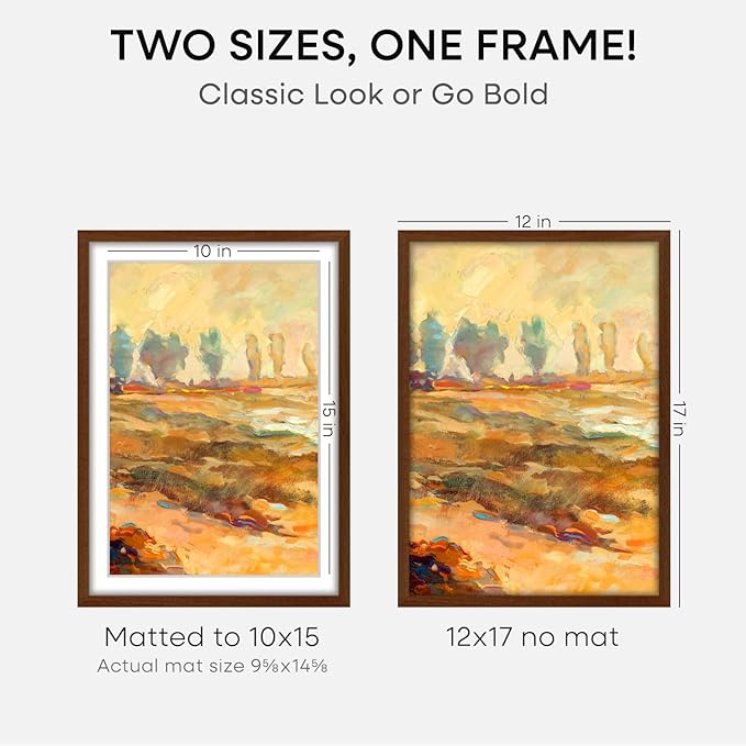 Homeforia 12x17 Picture Frame Brown, High End Dark Oak 12x17 Poster Wood Frame with Mat 10x15 for Photo, 12 x 17 Wooden Walnut Frame Matted to 10 x 15, 17x12 Frames, Tempered Glass, Wall Kit, Set of 1
