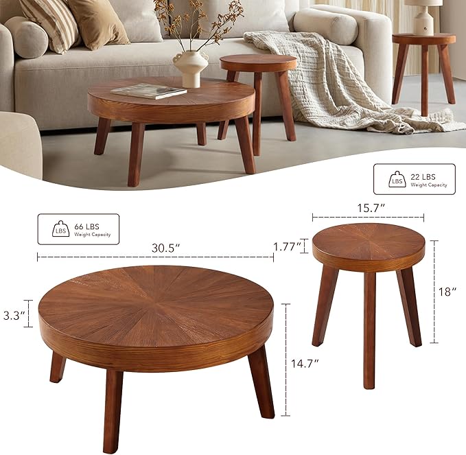 Farmhouse Round Coffee Table Set of 3, Boho Sofa Side Nesting Tables End Table Set with Wood Natural Finish for Living Room, Bedroom, Home Office,Brown