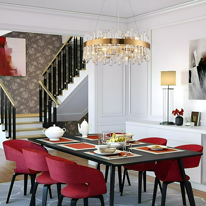 Round Crystal Chandeliers, D23.6 inch 12-Light Brass Gold Chandelier Lighting Fixture, Height Adjustable Pendant Ceiling Light for Living Room Dining Room Bedroom