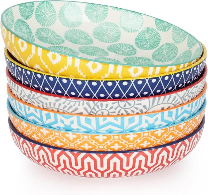 KitchenTour Large Pasta Bowls 34 oz, Ceramic Salad Serving Bowls Set of 6, 8.6 Inch Wide and Shallow Bowl Soup Bowl- Dishwasher and Microwave Safe, Assorted Colors
