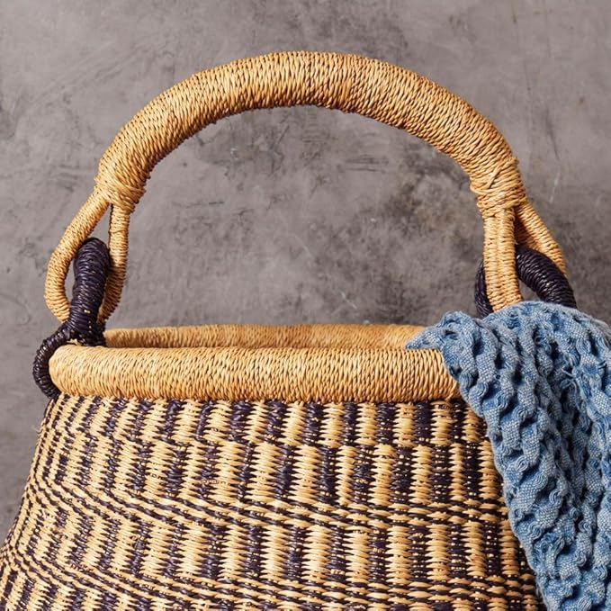 Home & Kitchen Decor, Wicker Basket, Picnic Basket, Living Room Basket, Organizing, Harvesting, Foraging, Fruit Storage, Hand Woven, Pot Shape, 16" Wide, Boho - Natural Navy