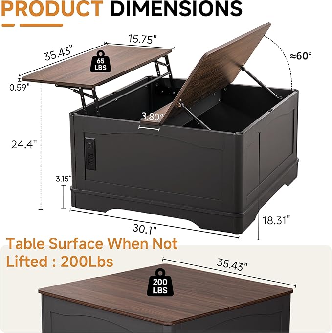35" Farmhouse Lift Top Coffee Table, Wood Square Center Table with Charging Station, Living Room Table Hidden Storage, Living Room, Bedroom, Office, AC, USB Output (Walnut Black, 35.4 inch)