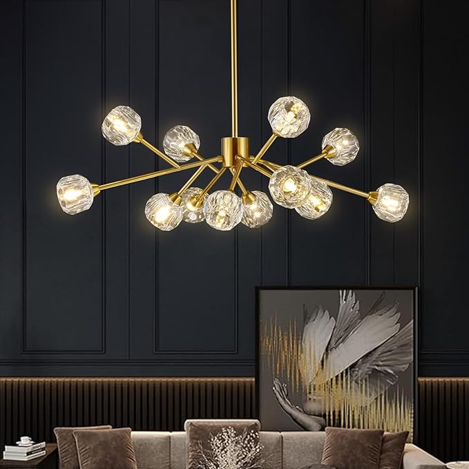 Sputnik Chandeliers Modern Crystal Pendant Lighting Gold Chandelier 12 Lights Mid Century Ceiling Light Fixtures for Dining Room Kitchen Island Living Room Bedroom Bar