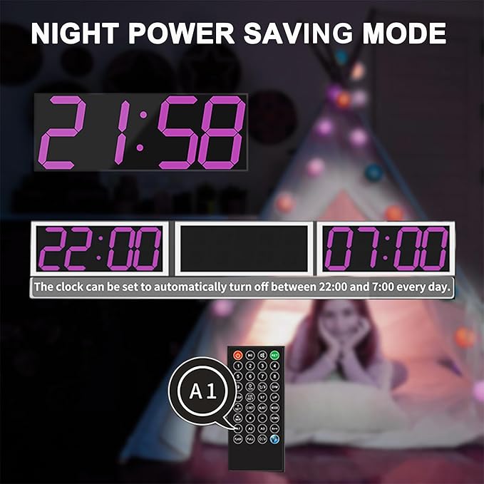 LED Large Digital Wall Clock, Oversize Wall Clock with 6” Numbers, Remote Control Count up/Countdown Timer Clock, Auto Dimmer, Big Calendar and Thermometer(Purple)