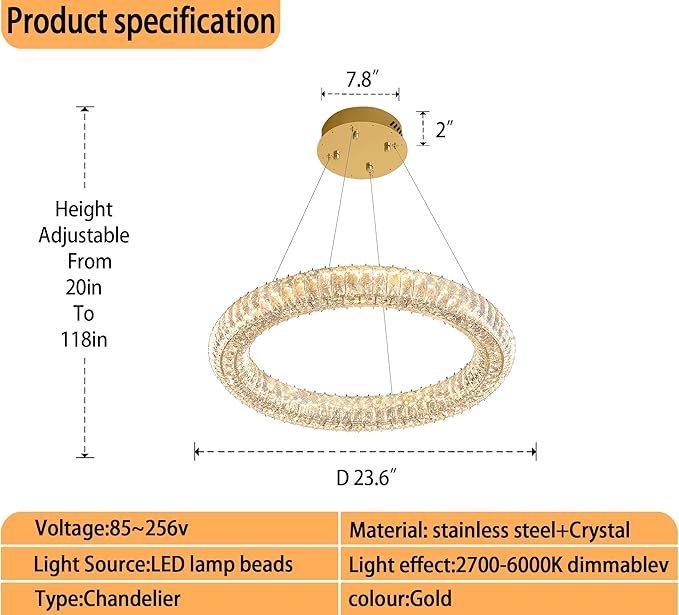 Modern Crystal Chandelier Dimmable LED 23.6" Ring Pendant Light Adjustable Round Gold Crystal Chandelier Light Fixtures for Dining Room Living Room