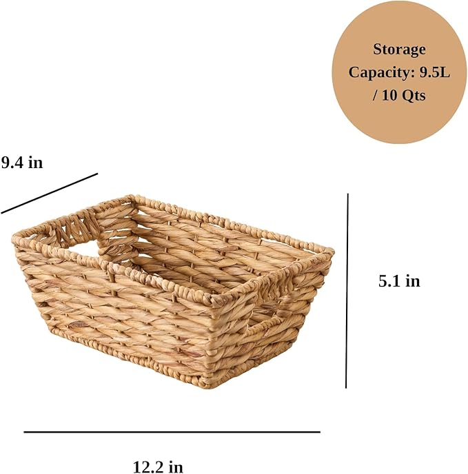 Isidore Water Hyacinth Storage Basket, Woven Rectangular Organizer for Kitchen and Bathroom, 12.2 x 9.4 x 5.1 inches, Natural Brown
