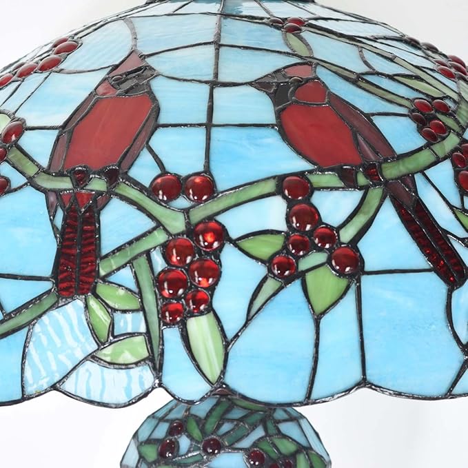 Bieye L10894 Red Cardinals on Holly Branches Tiffany Style Stained Glass Floor Lamp with 20-inch Wide Lampshade, Double-Lit, 64-inch Tall