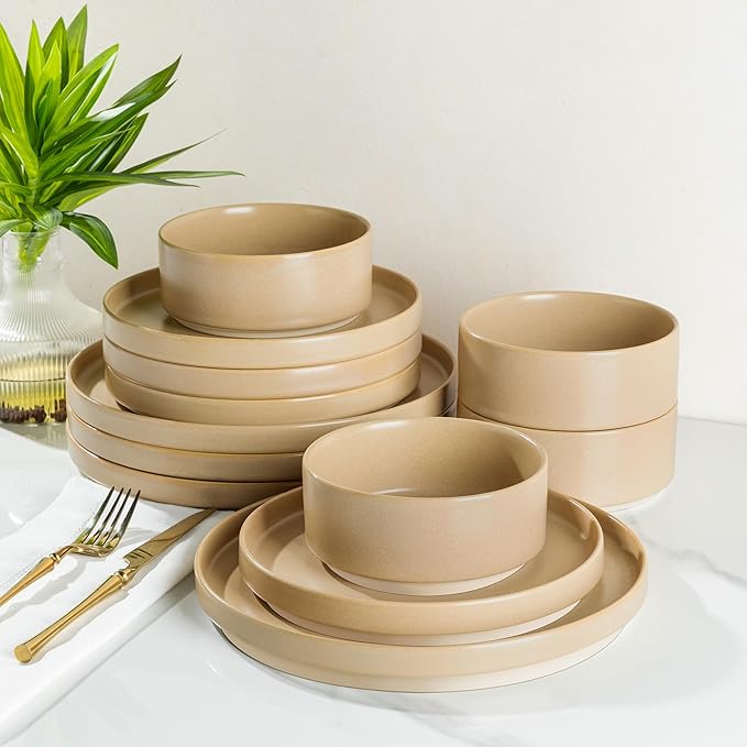 TheTerra Ceramic Dinnerware Sets for 4, 12 Pieces Handmade Reactive Glaze Plates and Bowls Set, Scratch Resistant Dish Set, Oven & Microwave & Dishwasher Safe, Ivory Cream