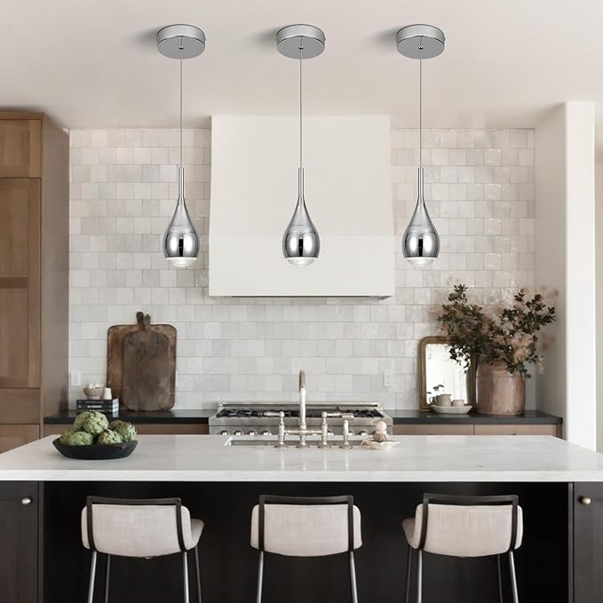 Pendant Lights Kitchen Island, Modern Chrome Pendant Light fixtures, LED Dimmable Hanging Pendant Lighting for Over Sink,Bar,Dining Room,Bedside,Lens COB 4000K(1-Pack)