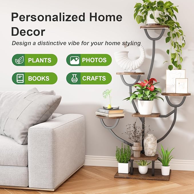 Plant Stand Indoor with Grow Lights - 44.2" Tall Plant Shelf, Lighted Corner Plant Stands for Indoor Growing, 7 Tiered Metal & Wood Plant Holder Display Shelves for Living Room, Patent Design - C4