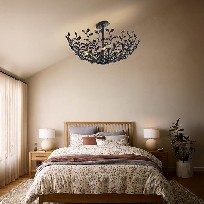 Black Tree Branch Semi Flush Mount Ceiling Light, 6-Light Chandeliers Ceiling Lighting, 25.5" Metal Modern Farmhouse Chandeliers for Kitchen Entryway Living Room Bedroom Foyer Hallway