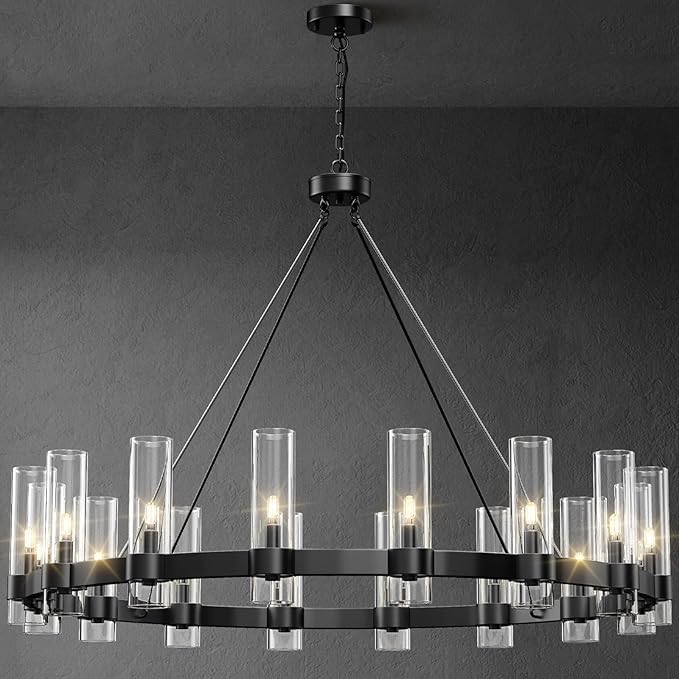 48 Inch Black Chandelier, Wagon Wheel Chandelier with Glass Shade, 16-Lights Large Round Modern Farmhouse High Ceiling Pendant Lighting Fixture for Dining Room, Living Room, Kitchen, Foyer