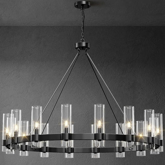 48 Inch Black Chandelier, Wagon Wheel Chandelier with Glass Shade, 16-Lights Large Round Modern Farmhouse High Ceiling Pendant Lighting Fixture for Dining Room, Living Room, Kitchen, Foyer
