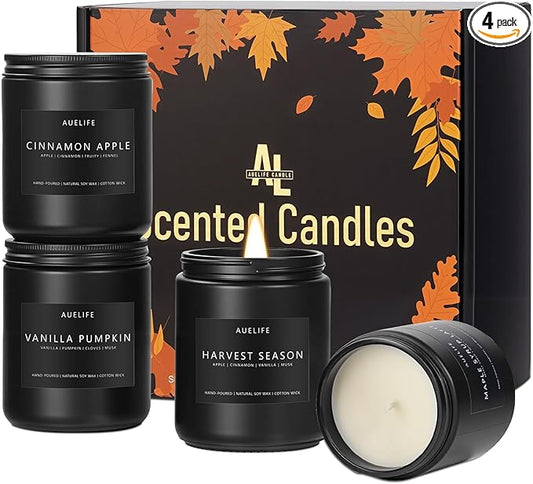 Fall Candle Set | 4 Pack Scented Candles - Autumn Soy Candles for Home Scented, Aromatherapy Gifts for Women, Thanksgiving & Fall Decor - Pumpkin, Apple, Latte & Harvest Scents