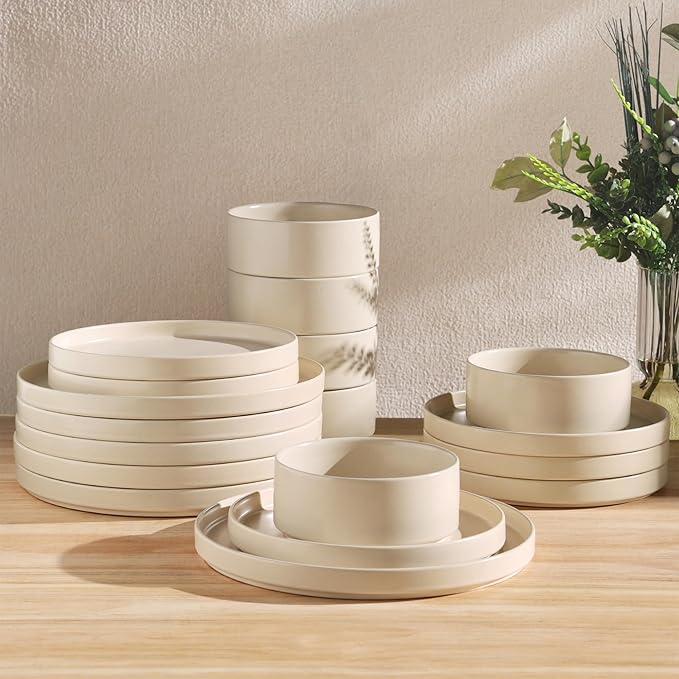 TheTerra Ceramic Dinnerware Sets for 6, 18 Pieces Handmade Reactive Glaze Plates and Bowls Set, Scratch Resistant Dish Set, Oven & Microwave & Dishwasher Safe, Ice Cream