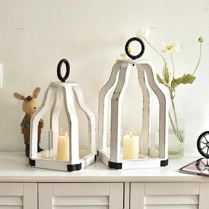 SWALLOWLIVING Rustic Farmhouse Wood Candle Hurricane Lantern with Glass Candlestick Holder for Patio, Table Centerpiece, White, Set of 2