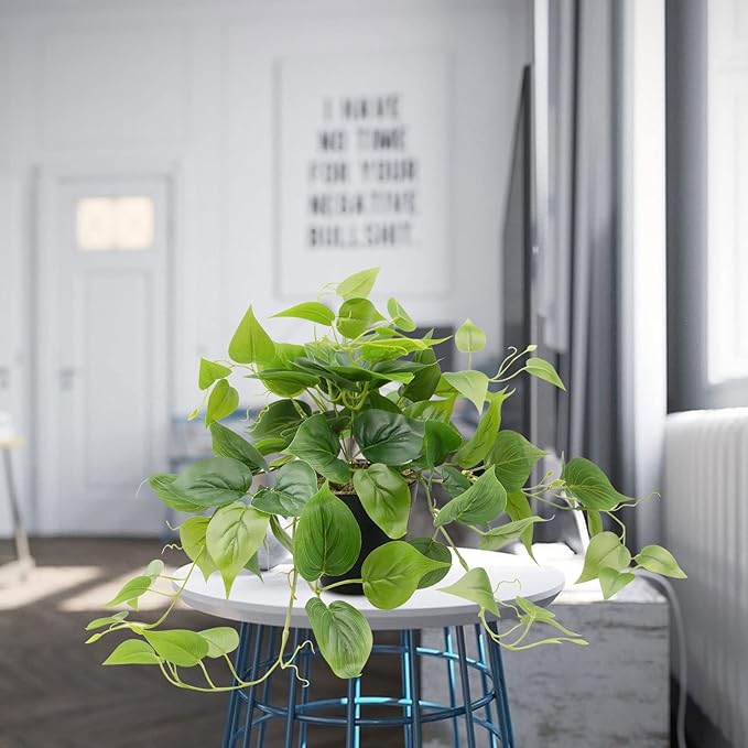 LOYWREE Faux Pothos Indoor Green Realistic Artificial Potted Plants Fake Plant Greenery for Home Office Garden Decoration - Black Pot