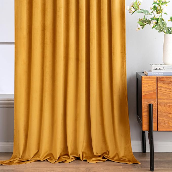 MIULEE Velvet Curtains 90 inches 2 Panels - Pinch Pleat Luxury Room Darkening Curtains for Bedroom Living Room Thermal Insulated Super Soft Fall Window Drapes Rod Pocket Pinch Pleated, Mustard Yellow