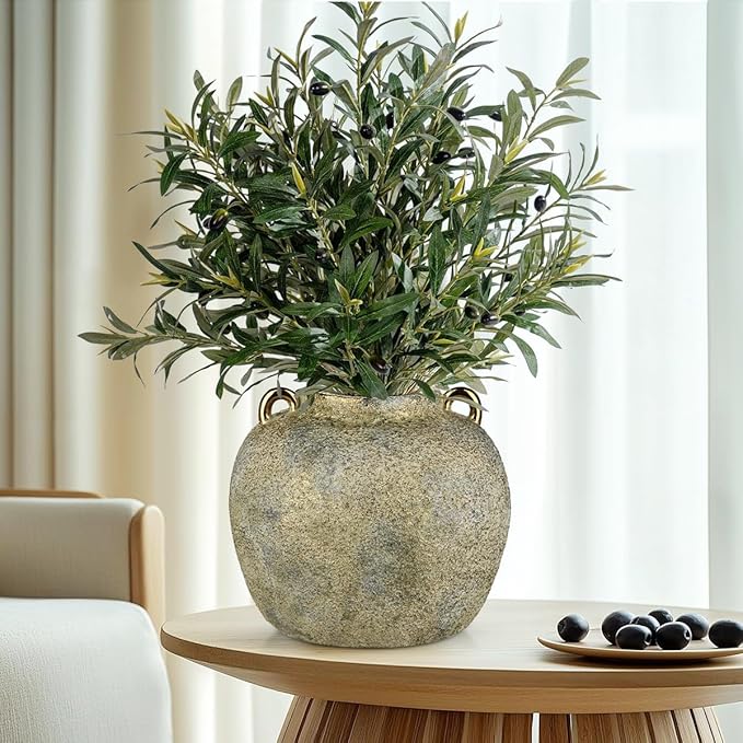 7.9" Vintage Farmhouse Vase, Rustic Ceramic Flower Vase with 2 Ears, Electroplated Terracotta Boho Vases Decor, Decorative Vases for Home Decor, Living Room, Mantel, Entryway, Wedding, Tabletop Decor