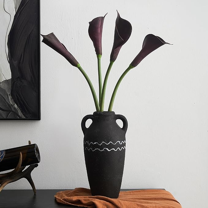 Large Black Ceramic Vase, 12.4" H Farmhouse Rustic Decorative Vase Table Centerpiece, Pottery Terracotta Tall Vases Living Room Bathroom Weddings Decorations