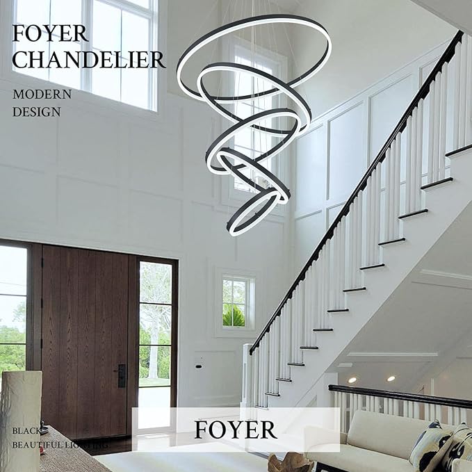5-Rings D31.5’’ Modern LED Chandelier Black Dimmable High Ceiling Chandeliers Foyer with Remote Control for Entryway Living Room Dining Room Staircase, 3000K-6500K