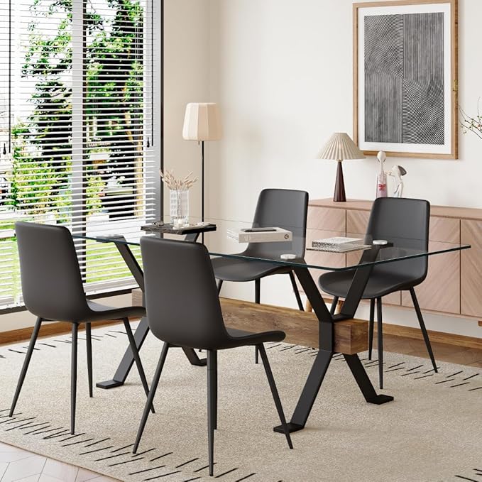 5 Piece Glass Dining Table Set, Kitchen Table Chairs Set for 4, 71'' Dining Table with 0.4" Tempered Glass Tabletop with Plated Metal Legs and MDF Crossbar, 4 PU Chairs for Dining Room, Kitchen.