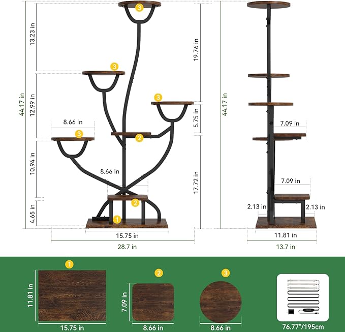 Plant Stand Indoor with Grow Lights - 44.2" Tall Plant Shelf, Lighted Corner Plant Stands for Indoor Growing, 7 Tiered Metal & Wood Plant Holder Display Shelves for Living Room, Patent Design - C4