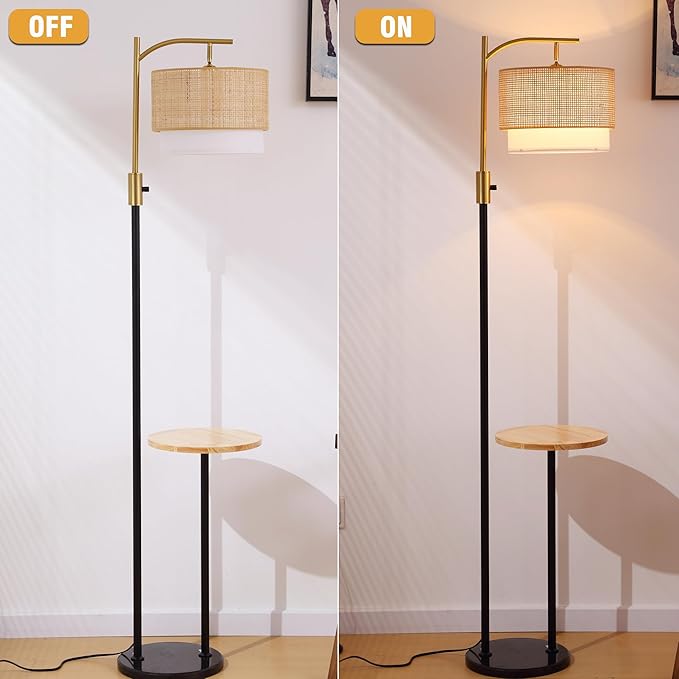 Dimmable Floor Lamp with Table and Marble Base, Arc Floor Lamp with Bulb, Boho Farmhouse Standing lamp with Fabric & Bamboo Shades for Living Room Bedroom