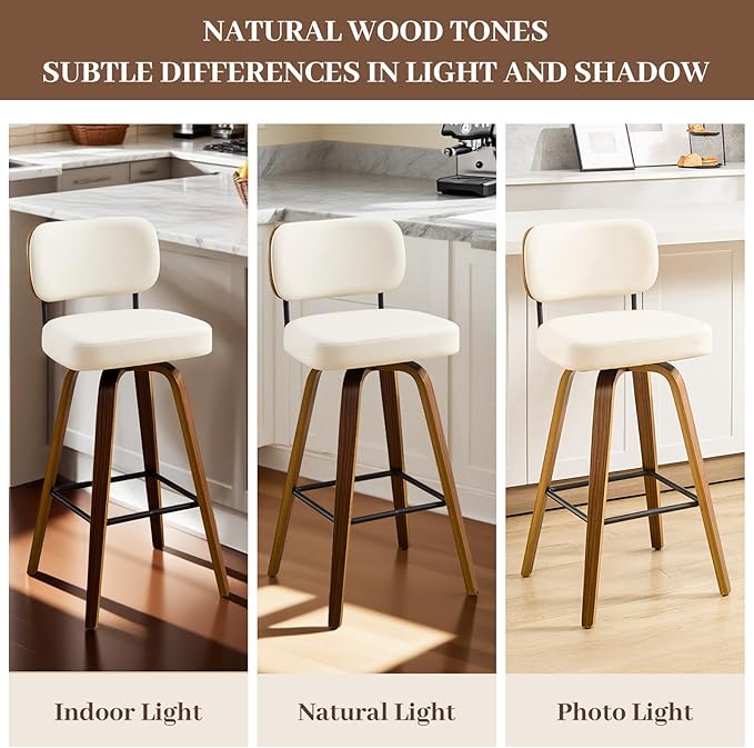 Swivel Bar Stools Set of 4, 29" Upholstered Faux Leather Barstools with Back and Bent Wood Legs, Mid Century Modern Bar Chair Island Stool for Kitchen Counter, Cream White