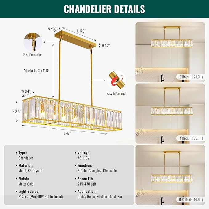 Siljoy 7 Ligts Modern Crystal Chandelier Luxury Gold Rectangular Crystal Chandelier Farmhouse Rectangle Linear Pendant Ceiling Light Fixture for Living Dining Room Kitchen Island L47'' x W10'' x H10''