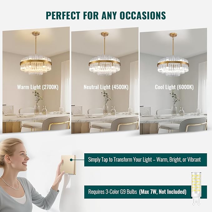 Siljoy 12 Lights Gold Crystal Chandelier for Dining Room, 23.6'' Modern 3-Tiers Raindrop Chandelier with Wave Curved Glass Rods, Luxury Dimmable Crystal Ceiling Light for Living Dining Room Kitchen